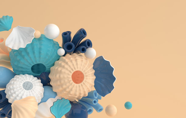 海胆，贝壳，珊瑚和泡沫集。3d渲染海洋生物背景。暑假，海洋水下生活理念。柔和的颜色图片下载