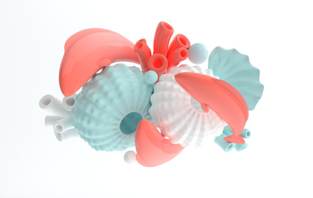 海胆，贝壳，鲤鱼鱼和珊瑚集。3d渲染海洋生物背景。暑假，海洋水下生活理念。柔和的颜色图片下载