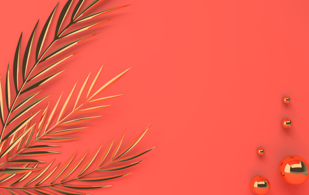 热带棕榈叶呈金黄色，有光泽。夏季热带金属叶。异国情调的夏威夷丛林树叶，夏日背景。珊瑚的颜色。最小的风格。三维渲染图片下载