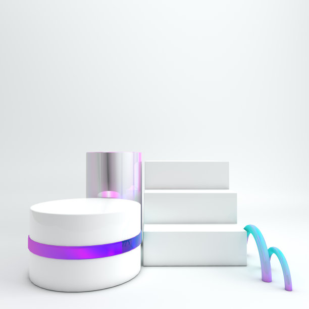 3d渲染彩虹色和白色几何形状，讲台上的白色背景。一套产品展示平台，模拟。现代极简设计中的抽象构图图片下载