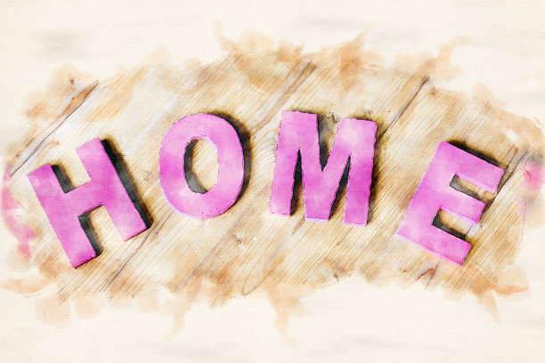 用水彩画在木头上的紫色字母“家”图片下载