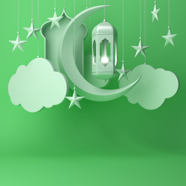 阿拉伯灯笼，挂云，月牙星，窗上绿色粉彩背景复制空间文字。图片下载