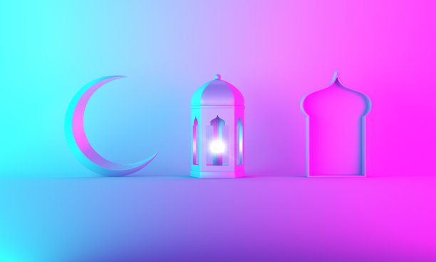 阿拉伯灯笼，新月，窗口上粉蓝色渐变背景复制空间文本。图片下载