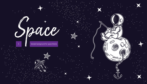 空间主题横横幅。宇航员拿着钓竿坐在月球上。几何构成。封面，传单，横幅的背景。图片下载