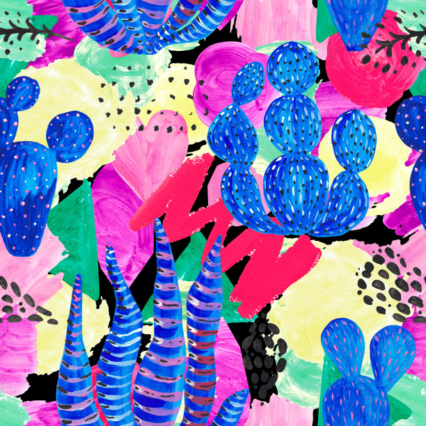 无缝图案手绘亮点，笔触，白色孤立的背景几何植物元素，蓝色，粉红色，绿色，黑色图片下载