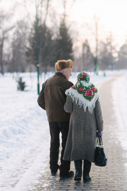 老夫妇在公园散步的背影。幸福的老人们一起走过岁月图片下载