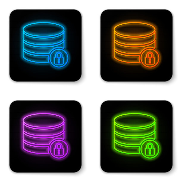 发光的霓虹灯服务器安全与封闭的挂锁图标隔离在白色背景。数据库和锁。安全、安全、保护的理念。黑色方形按钮。矢量图图片下载