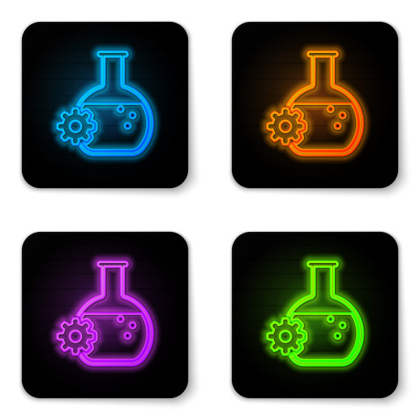 发光的霓虹灯生物工程图标孤立在白色背景。基因和生物工程元素的图标。生物学，分子，化学图标。黑色方形按钮。矢量图图片下载