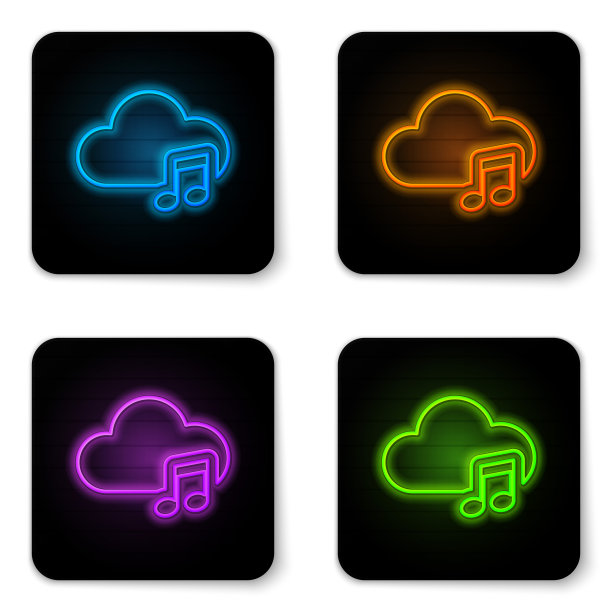 发光的霓虹灯音乐流媒体服务图标孤立的白色背景。声音云计算，在线流媒体，在线歌曲，音频波。黑色方形按钮。矢量图图片下载