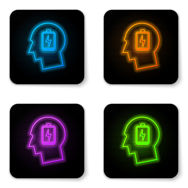 发光的霓虹男性头部与低电量图标在白色背景上。疲惫的男人。黑色方形按钮。矢量图图片下载