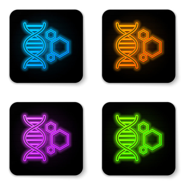 发光的霓虹灯基因工程图标孤立在白色背景。DNA分析，基因测试，克隆，亲子鉴定。黑色方形按钮。矢量图图片下载