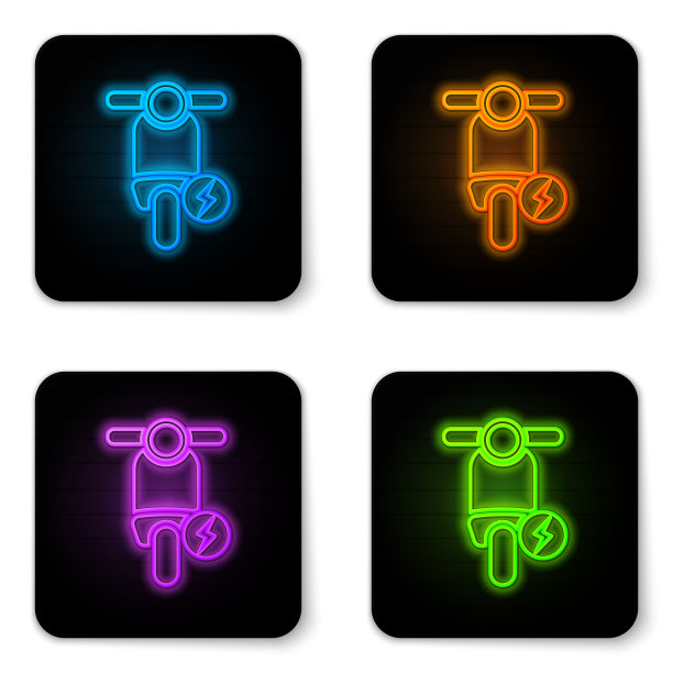 发光的霓虹灯电动滑板车图标孤立在白色的背景。黑色方形按钮。矢量图图片下载