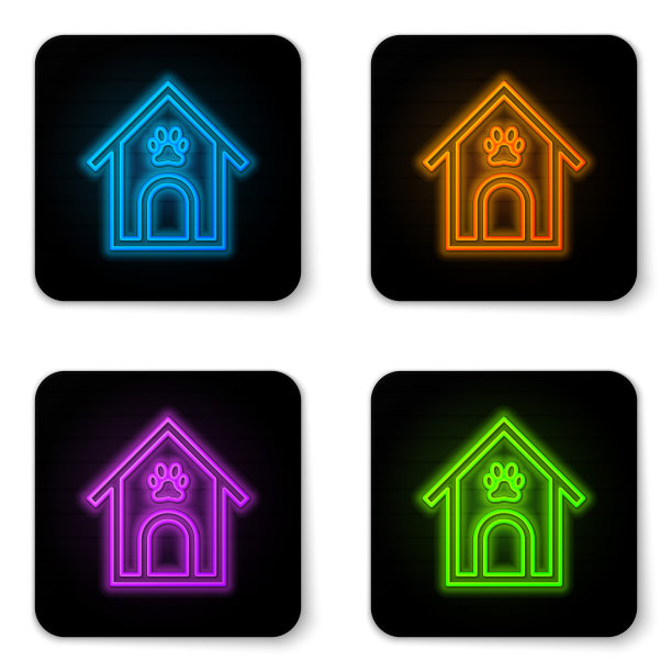发光的霓虹灯狗房子和爪印宠物图标孤立在白色的背景。狗窝。黑色方形按钮。矢量图图片下载