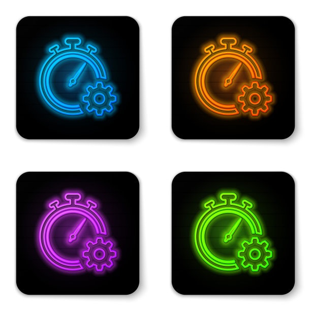 发光的霓虹灯时间管理图标隔离在白色背景。时钟和齿轮标志。生产力的象征。黑色方形按钮。矢量图图片下载