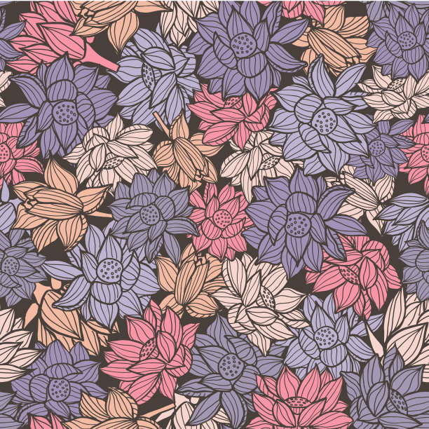 黑色背景上优雅风格化的睡莲。矢量无缝模式。图片下载