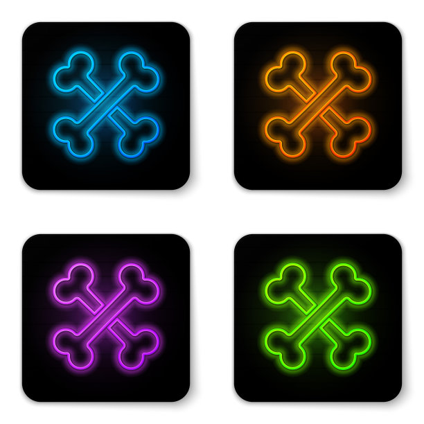 发光的霓虹灯交叉骨头图标孤立的白色背景。宠物食品的象征。黑色方形按钮。矢量图图片下载