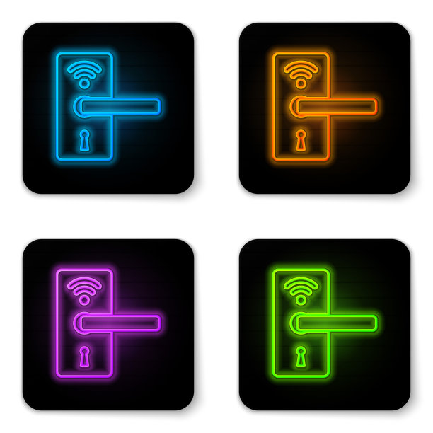 发光的霓虹灯数字门锁与无线技术解锁图标隔离在白色背景。门把手的迹象。安全智能家居概念。黑色方形按钮。矢量图图片下载