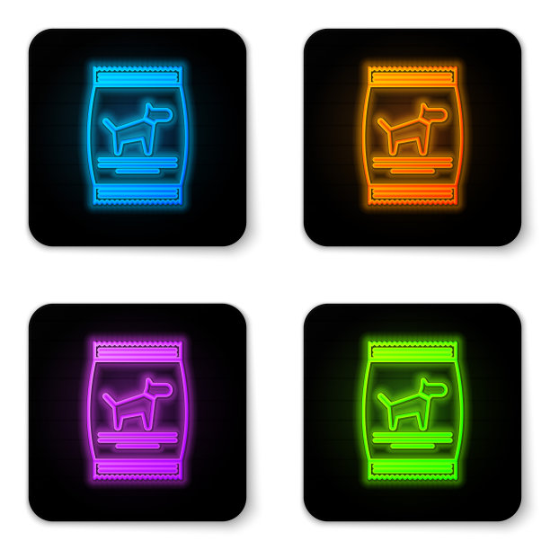 发光的霓虹狗粮袋图标孤立在白色背景。动物的食物。宠物食品包装。黑色方形按钮。矢量图图片下载