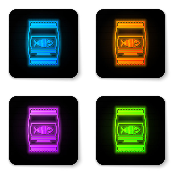 发光的霓虹袋食物猫图标孤立在白色背景。鱼骨架的迹象。动物的食物。宠物食品包装。黑色方形按钮。矢量图图片下载