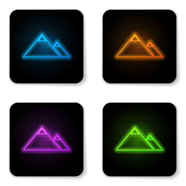 发光的霓虹灯山图标孤立的白色背景。象征胜利或成功的概念。黑色方形按钮。矢量图图片下载