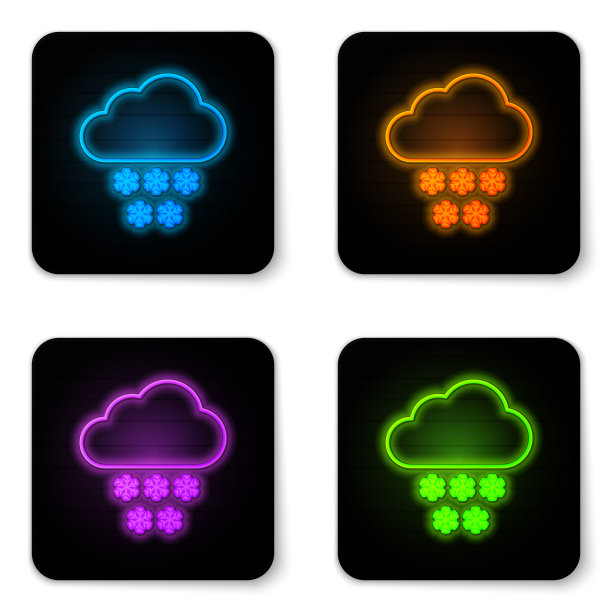 发光的霓虹云与雪图标孤立在白色背景。云与雪花。单一的天气图标。下雪的迹象。黑色方形按钮。矢量图图片下载