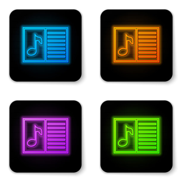 发光的霓虹灯音乐书与备注图标孤立的白色背景。五线谱乐谱。笔记笔记。黑色方形按钮。矢量图图片下载