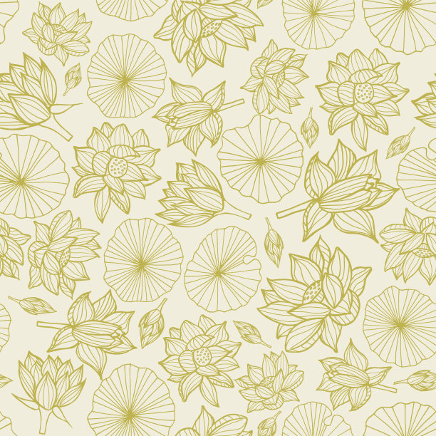 绿线艺术百合和叶子矢量无缝的图案。图片下载