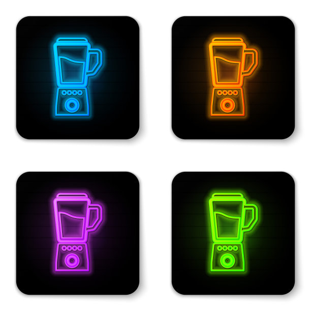 发光的霓虹灯搅拌器图标孤立的白色背景。厨房用电动固定式搅拌机。烹饪冰沙，鸡尾酒或果汁。黑色方形按钮。矢量图图片下载