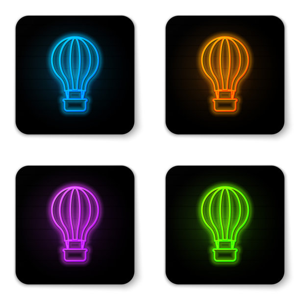 发光的霓虹灯热气球图标孤立在白色的背景。航空运输。黑色方形按钮。矢量图图片下载