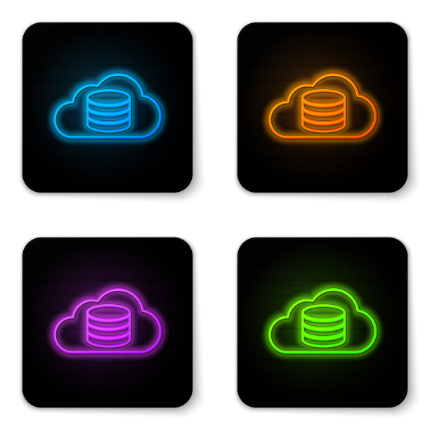 发光的霓虹灯云数据库图标隔离在白色背景。云计算的概念。带有数据传输的数字服务或应用程序。黑色方形按钮。矢量图图片下载