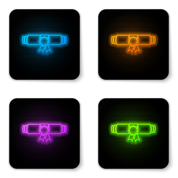 发光的霓虹灯文凭滚动与邮票和丝带图标在白色的背景。有蜡封的卷轴。毕业的概念。企业证书。黑色方形按钮。矢量图图片下载