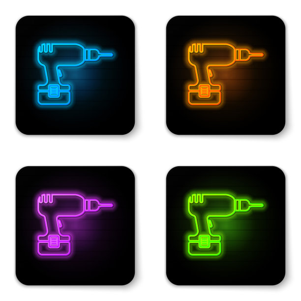 白色背景上发光的霓虹灯钻机图标。黑色方形按钮。矢量素材图片下载