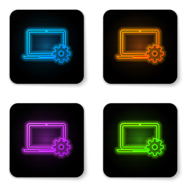发光的霓虹灯笔记本电脑和齿轮图标上的白色背景。笔记本电脑服务理念。调整应用程序，设置选项，维护，修复，固定笔记本概念。黑色方形按钮。矢量图图片下载