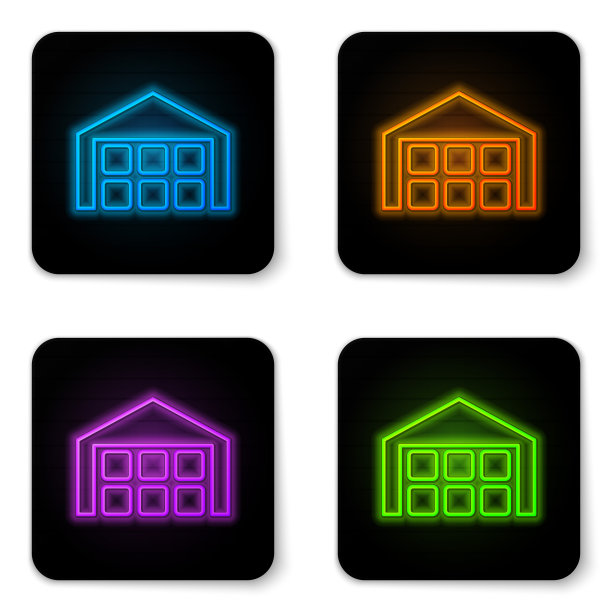 发光的霓虹灯仓库图标孤立在白色背景。黑色方形按钮。矢量图图片下载
