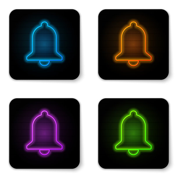 发光的霓虹灯铃声图标孤立在白色背景。报警标志、服务铃、手铃标志、通知标志。黑色方形按钮。矢量图图片下载