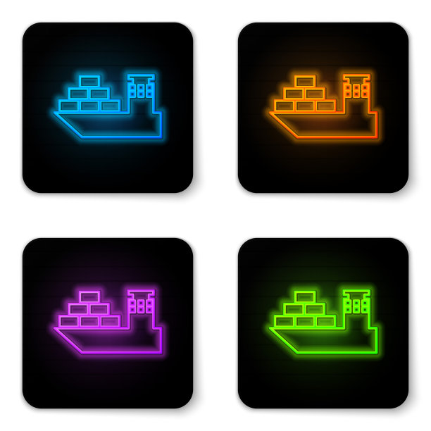 发光的霓虹灯货船图标孤立在白色背景。黑色方形按钮。矢量图图片下载