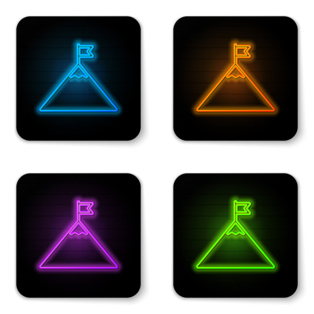 发光的霓虹灯山和旗帜在顶部图标孤立的白色背景。象征胜利或成功的概念。黑色方形按钮。矢量图图片下载