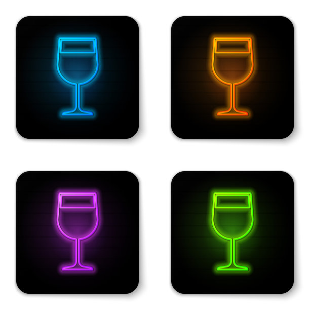 发光的霓虹灯酒杯图标孤立在白色的背景。葡萄酒杯图标。杯状的象征。玻璃器皿的迹象。黑色方形按钮。矢量图图片下载