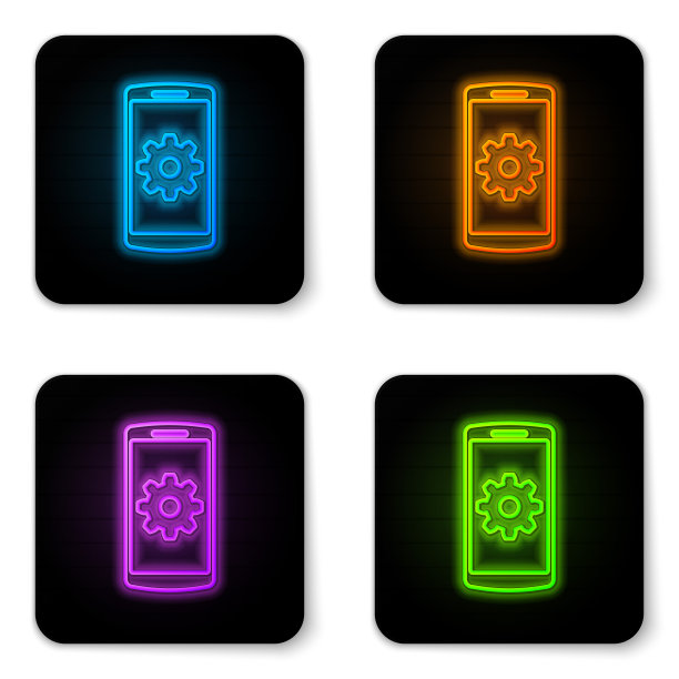 在智能手机屏幕图标孤立在白色背景上的霓虹灯设置。移动和齿轮标志。调整应用程序，设置选项，修复，修复手机概念。黑色方形按钮。矢量图图片下载