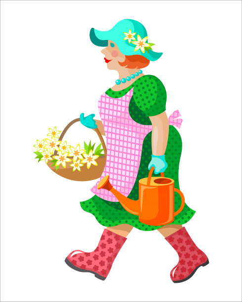 矢量女园丁，穿着有图案的衣服，手里拿着花篮和花园浇水罐图片下载