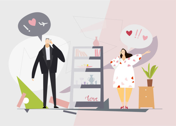 年轻夫妇在电话里交谈，喜讯，一起规划未来。旅行和蜜月的主意。平面设计说明图片下载