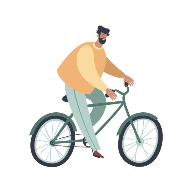 骑自行车的男人，时尚扁平卡通人物，侧视图，白色背景矢量图图片下载