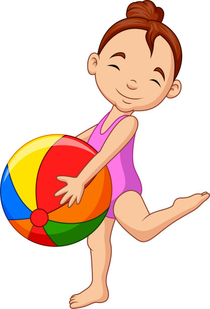 卡通快乐的女孩拿着一个沙滩球图片下载