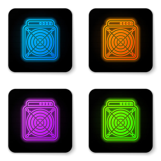 发光的霓虹灯ASIC矿工图标孤立在白色背景。加密货币挖矿设备和硬件。应用专用集成电路。黑色方形按钮。矢量图图片下载