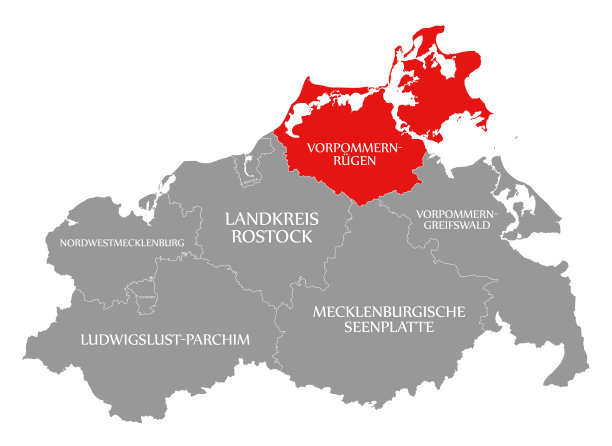 Vorpommern-Ruegen县在德国波美拉尼亚西部地图中用红色标出图片下载