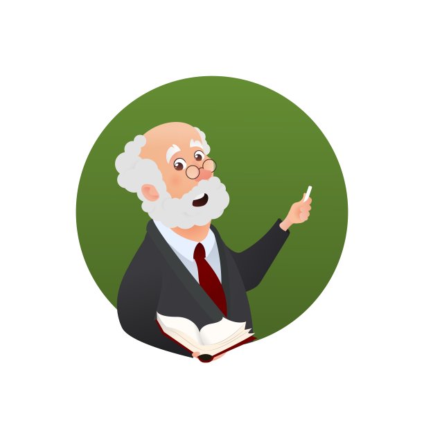 教师卡通人物在圆圈孤立矢量图标。教授用打开的书和粉笔在他的手中教育插图。图片下载