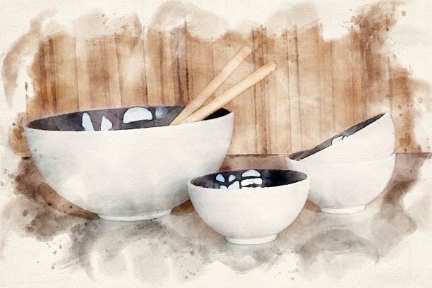 厨房柜台上有水彩画的木勺碗和杯子图片下载
