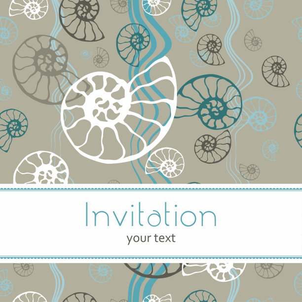 无缝蓝色海纹鹦鹉螺化石海贝向量。水疗沙龙，海鲜咖啡厅，餐厅，企业形象手绘插画。邀请矢量模板与化石壳。图片下载