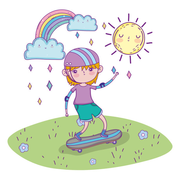 可爱的男孩戴头盔和骑滑板图片下载