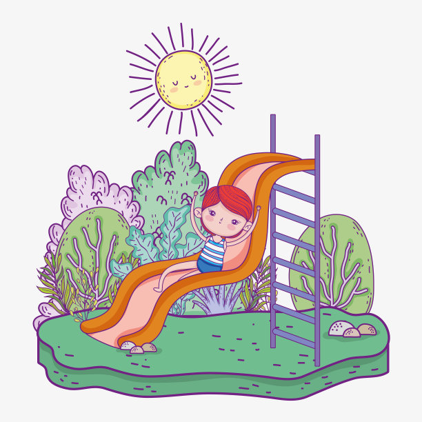 有趣的男孩在滑梯里，有阳光和树木图片下载